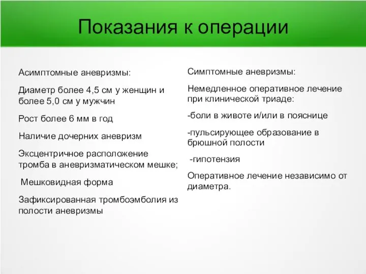 Показания к операции Асимптомные аневризмы: Диаметр более 4,5 см у женщин и