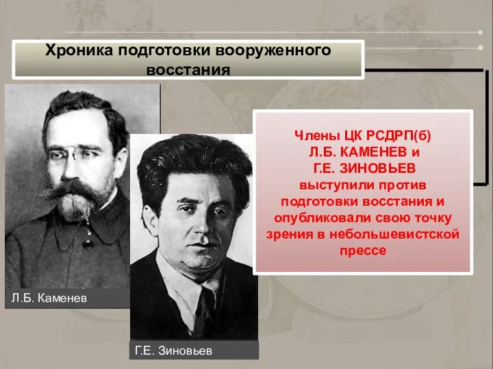 Хроника подготовки вооруженного восстания Члены ЦК РСДРП(б) Л.Б. КАМЕНЕВ и Г.Е. ЗИНОВЬЕВ