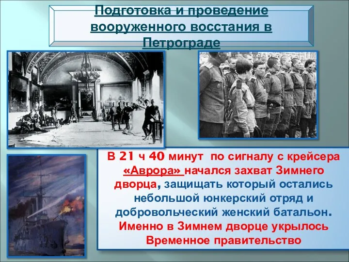 Подготовка и проведение вооруженного восстания в Петрограде В 21 ч 40 минут