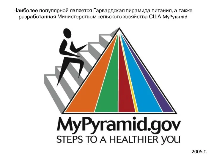 2005 г. Наиболее популярной является Гарвардская пирамида питания, а также разработанная Министерством сельского хозяйства США MyPyramid