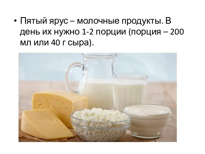 Пятый ярус – молочные продукты. В день их нужно 1-2 порции (порция