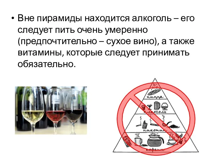 Вне пирамиды находится алкоголь – его следует пить очень умеренно (предпочтительно –