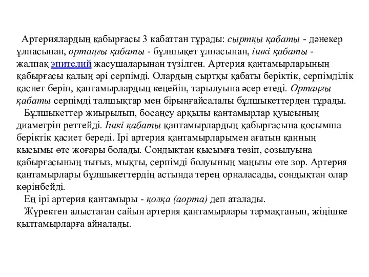 Артериялардың қабырғасы 3 кабаттан тұрады: сыртқы қабаты - дәнекер ұлпасынан, ортаңғы қабаты