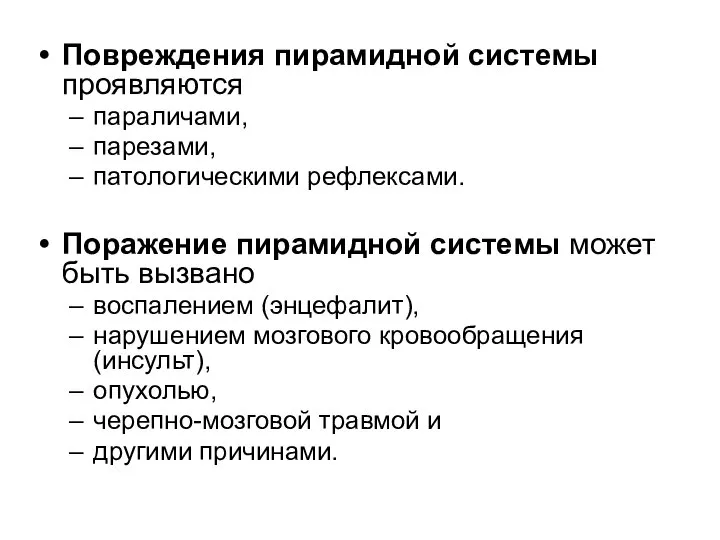 Повреждения пирамидной системы проявляются параличами, парезами, патологическими рефлексами. Поражение пирамидной системы может