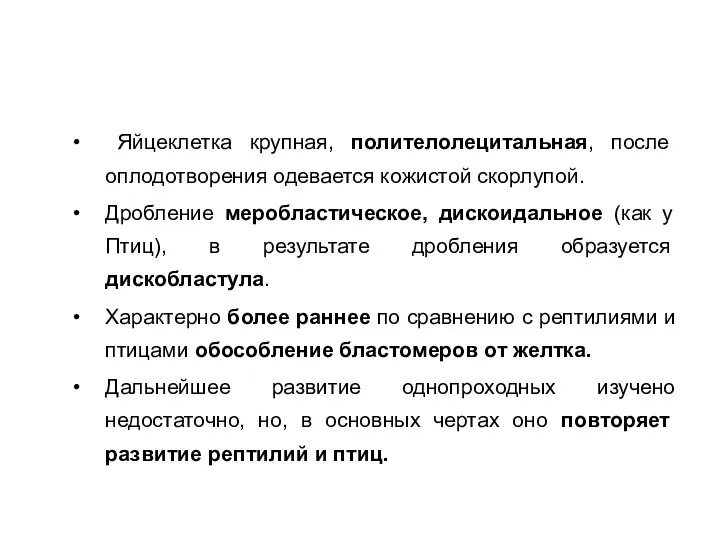 Яйцеклетка крупная, полителолецитальная, после оплодотворения одевается кожистой скорлупой. Дробление меробластическое, дискоидальное (как