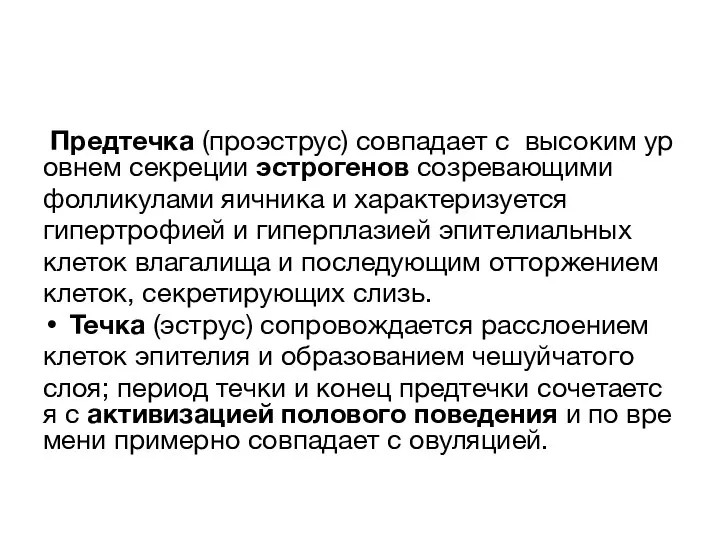 Предтечка (проэструс) совпадает с высоким уровнем секреции эстрогенов созревающими фолликулами яичника и