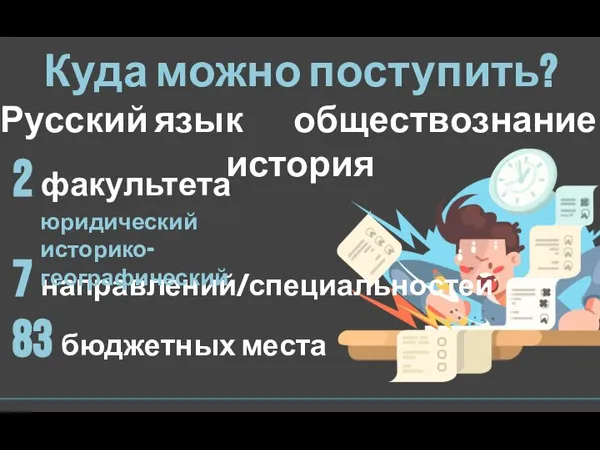 2 факультета 7 направлений/специальностей 83 бюджетных места юридический историко-географический Куда можно поступить? Русский язык обществознание история