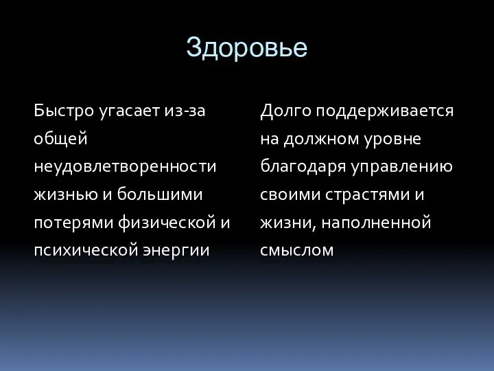 Здоровье Быстро угасает из-за общей неудовлетворенности жизнью и большими потерями физической и