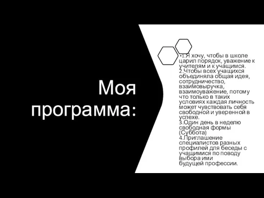 Моя программа: 1.Я хочу, чтобы в школе царил порядок, уважение к учителям