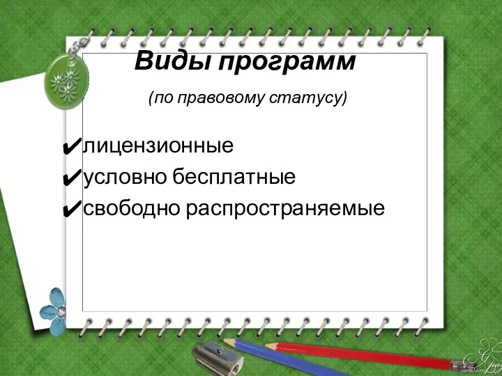 Виды программ (по правовому статусу) лицензионные условно бесплатные свободно распространяемые