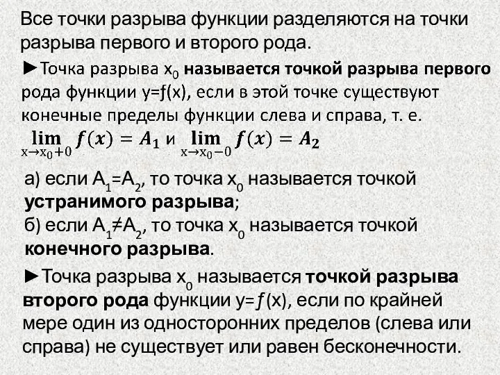 Все точки разрыва функции разделяются на точки разрыва первого и второго рода.