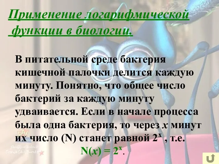 Применение логарифмической функции в биологии. В питательной среде бактерия кишечной палочки делится