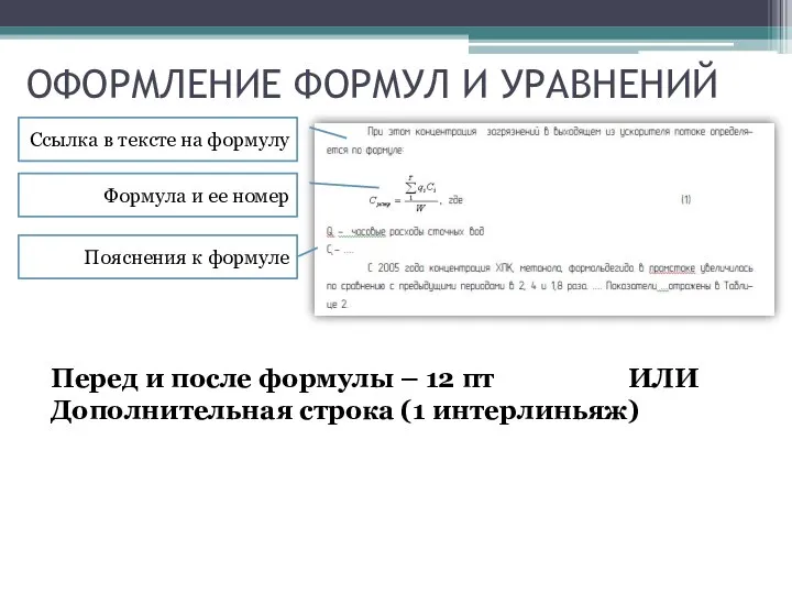 ОФОРМЛЕНИЕ ФОРМУЛ И УРАВНЕНИЙ Ссылка в тексте на формулу Формула и ее