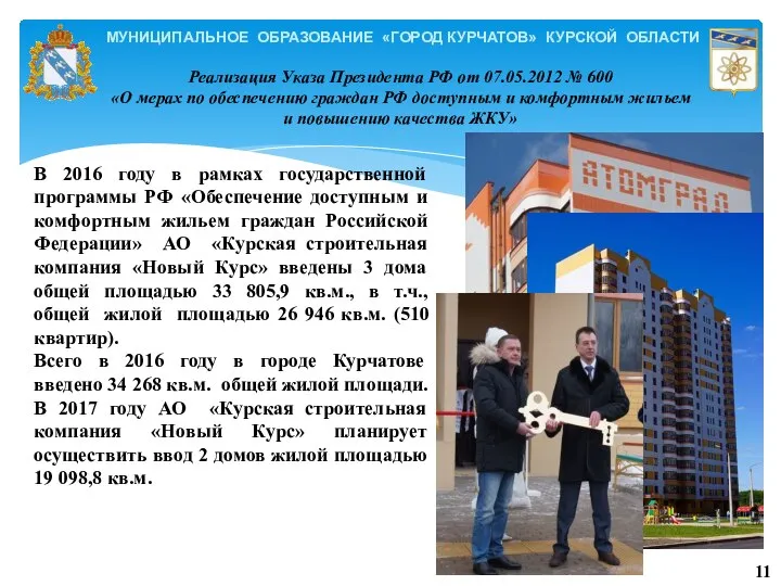 МУНИЦИПАЛЬНОЕ ОБРАЗОВАНИЕ «ГОРОД КУРЧАТОВ» КУРСКОЙ ОБЛАСТИ В 2016 году в рамках государственной