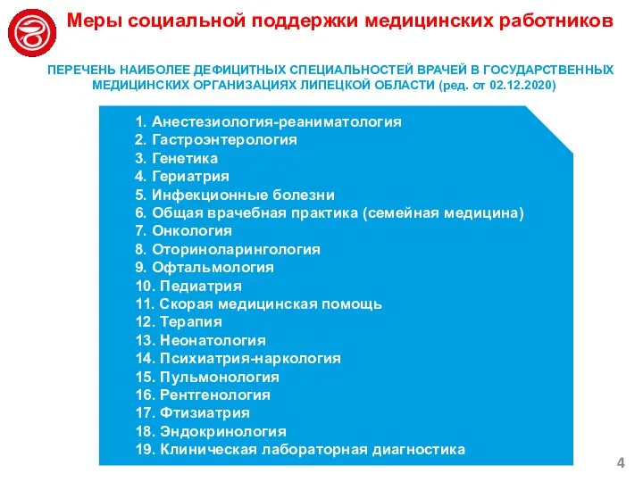 Меры социальной поддержки медицинских работников ПЕРЕЧЕНЬ НАИБОЛЕЕ ДЕФИЦИТНЫХ СПЕЦИАЛЬНОСТЕЙ ВРАЧЕЙ В ГОСУДАРСТВЕННЫХ