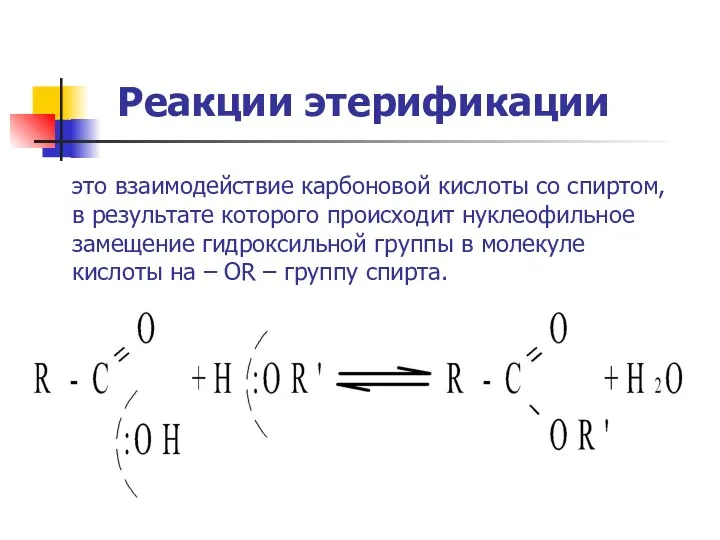 Реакции этерификации это взаимодействие карбоновой кислоты со спиртом, в результате которого происходит