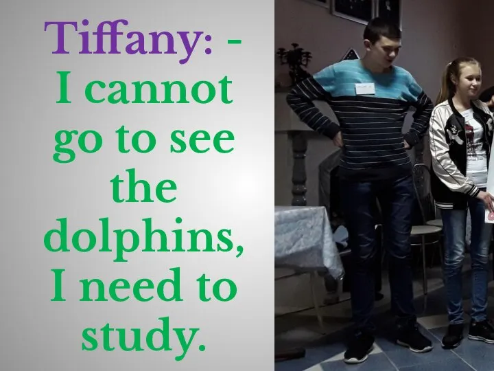 Tiffany: - I cannot go to see the dolphins, I need to study.