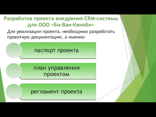 Разработка проекта внедрения CRM-системы для ООО «Би-Ван-Кеноби» Для реализации проекта, необходимо разработать проектную документацию, а именно: