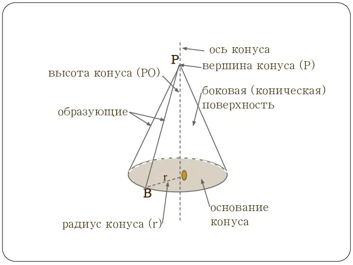 радиус конуса (r) B r P высота конуса (РО) ось конуса вершина