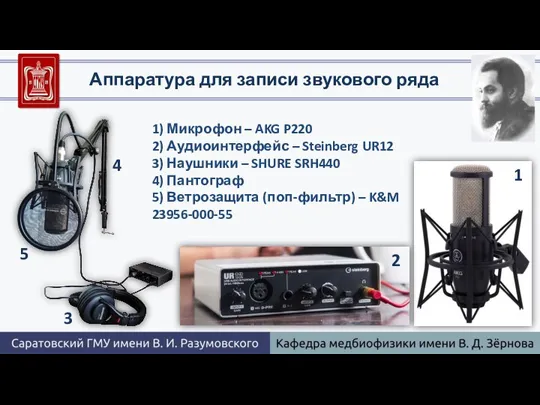 Аппаратура для записи звукового ряда 1) Микрофон – AKG P220 2) Аудиоинтерфейс