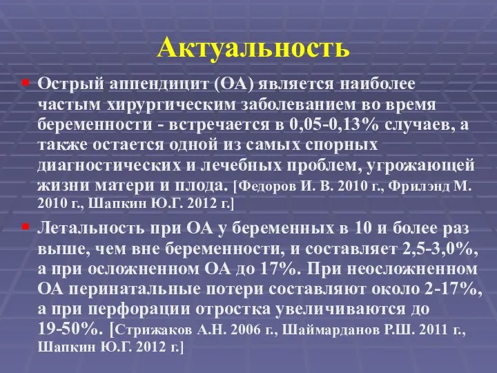 Актуальность Острый аппендицит (ОА) является наиболее частым хирургическим заболеванием во время беременности