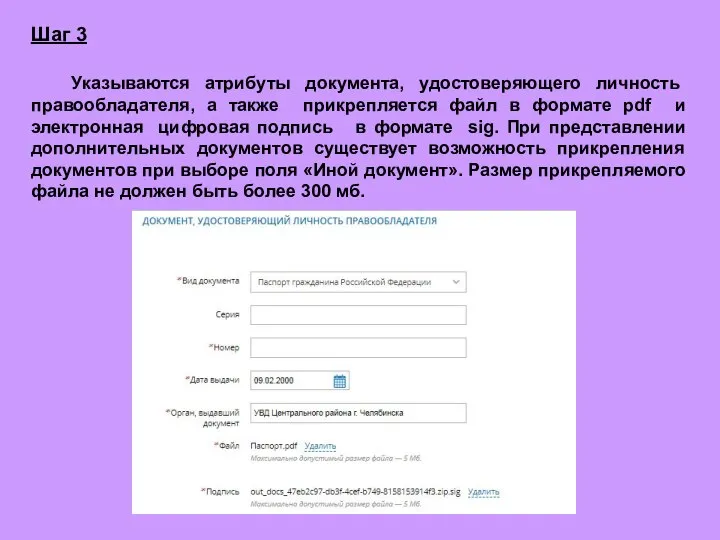 Шаг 3 Указываются атрибуты документа, удостоверяющего личность правообладателя, а также прикрепляется файл