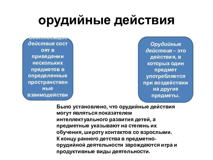 орудийные действия Соотносящие действия состоят в приведении нескольких предметов в определенные пространственные