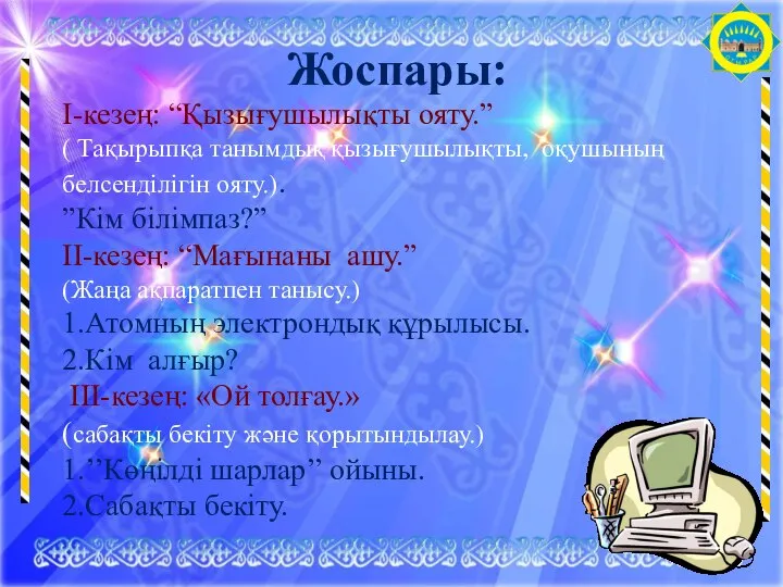 Жоспары: І-кезең: “Қызығушылықты ояту.” ( Тақырыпқа танымдық қызығушылықты, оқушының белсенділігін ояту.). ”Кім