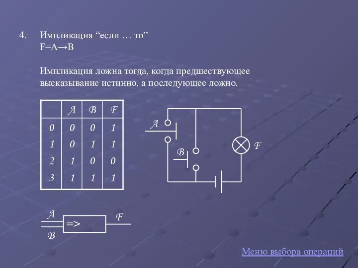 Импликация “если … то” F=A→B Импликация ложна тогда, когда предшествующее высказывание истинно,