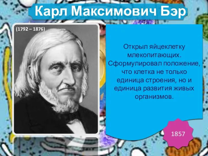 Открыл яйцеклетку млекопитающих. Сформулировал положение, что клетка не только единица строения, но