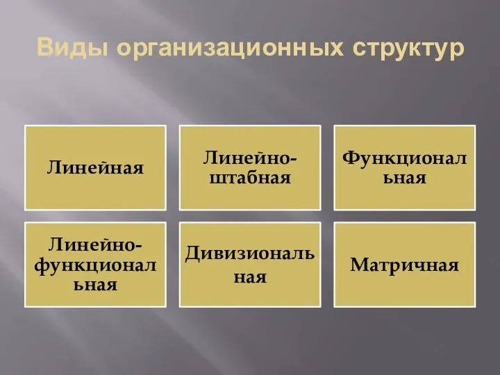 Виды организационных структур Линейная Линейно-штабная Функциональная Линейно-функциональная Дивизиональ ная Матричная