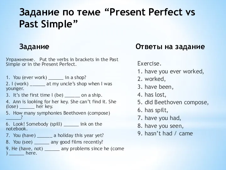 Задание по теме “Present Perfect vs Past Simple” Задание Ответы на задание