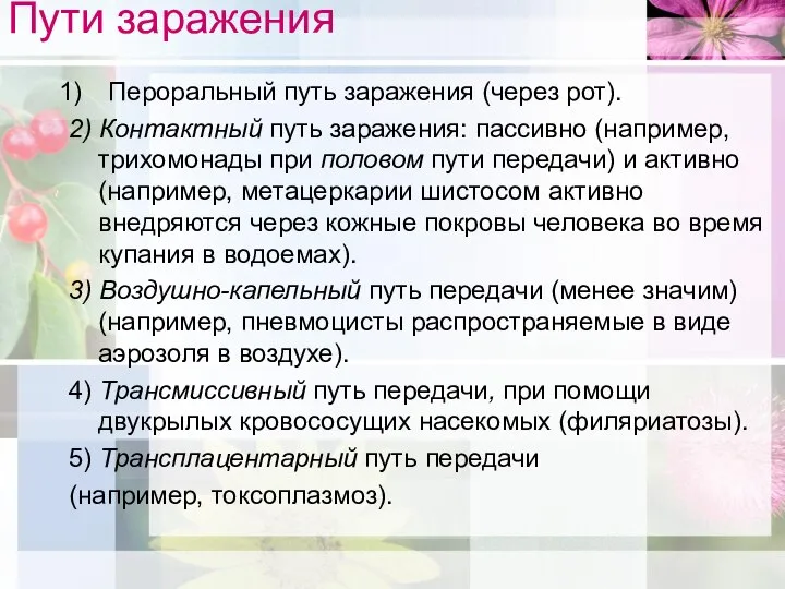 Пути заражения Пероральный путь заражения (через рот). 2) Контактный путь заражения: пассивно