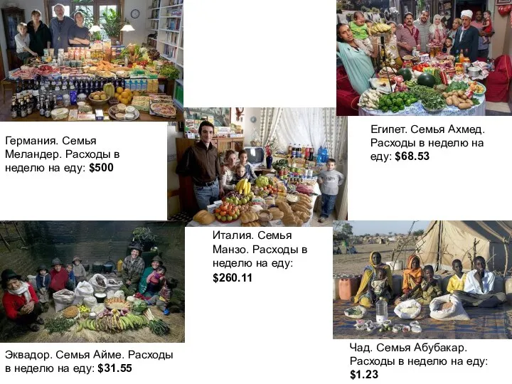 Чад. Семья Абубакар. Расходы в неделю на еду: $1.23 Эквадор. Семья Айме.