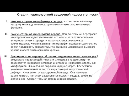 Стадии перегрузочной сердечной недостаточности: Компенсаторная гиперфункция сердца; в ответ на повышенную нагрузку