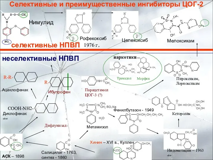 Мелоксикам Диклофенак slow Ибупрофен Ацеклофенак СООН-NH2- Селективные и преимущественные ингибиторы ЦОГ-2 Нимулид