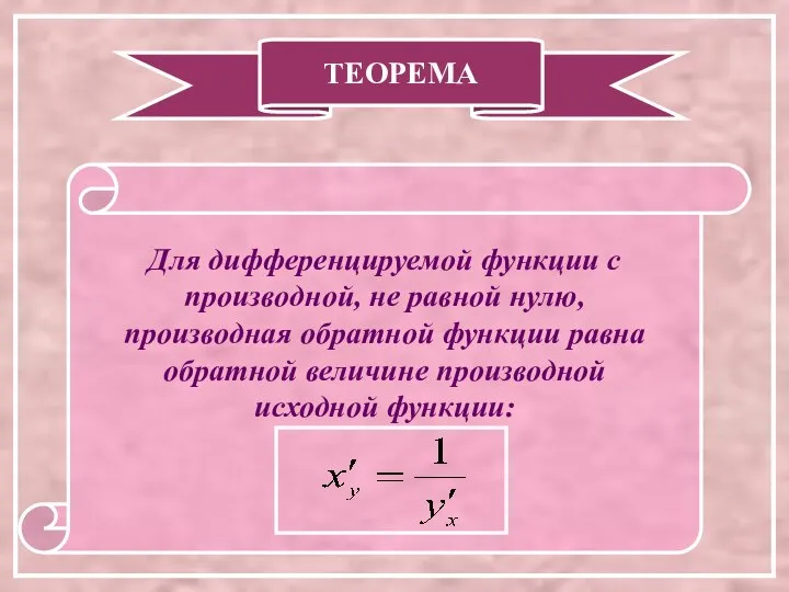 ТЕОРЕМА Для дифференцируемой функции с производной, не равной нулю, производная обратной функции