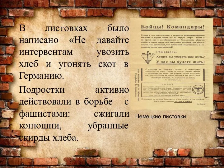 В листовках было написано «Не давайте интервентам увозить хлеб и угонять скот