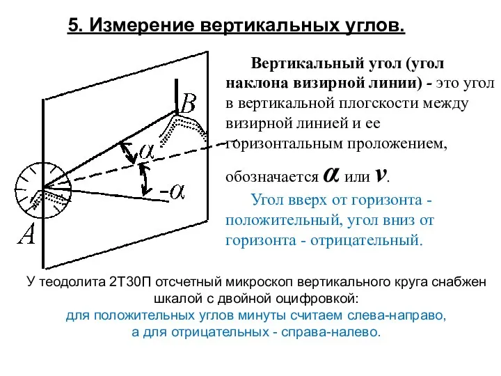 5. Измерение вертикальных углов. Вертикальный угол (угол наклона визирной линии) - это