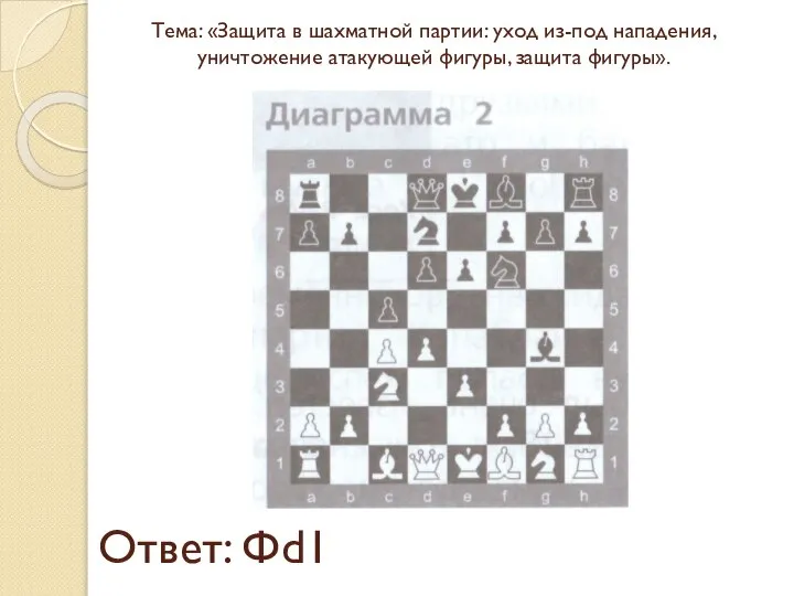 Ответ: Фd1 Тема: «Защита в шахматной партии: уход из-под нападения, уничтожение атакующей фигуры, защита фигуры».