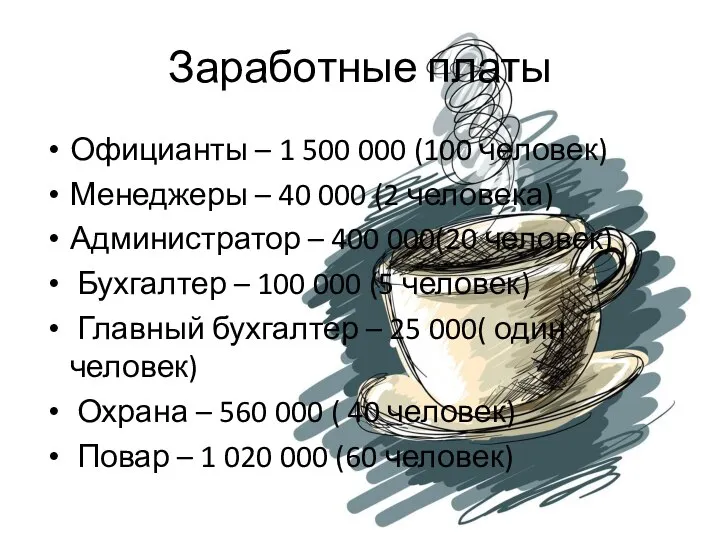 Заработные платы Официанты – 1 500 000 (100 человек) Менеджеры – 40