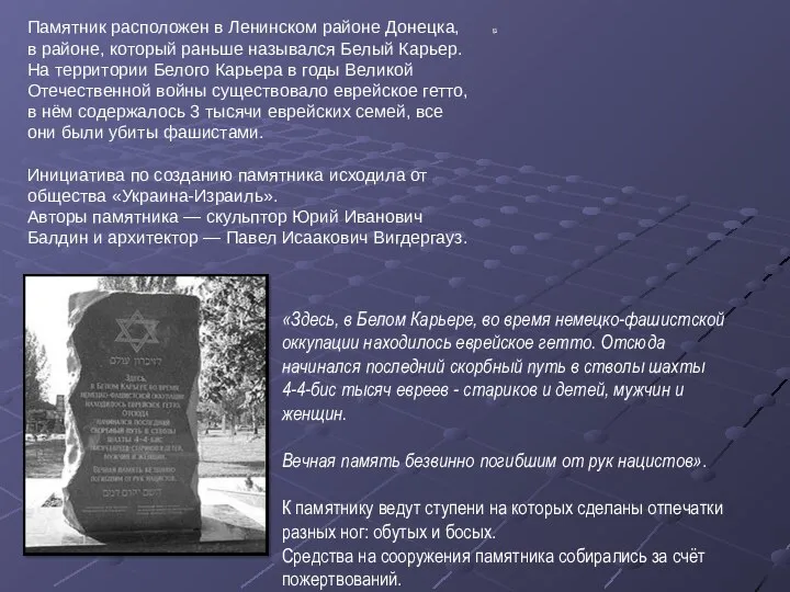 Памятник расположен в Ленинском районе Донецка, в районе, который раньше назывался Белый