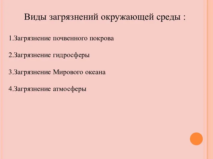 Виды загрязнений окружающей среды : 1.Загрязнение почвенного покрова 2.Загрязнение гидросферы 3.Загрязнение Мирового океана 4.Загрязнение атмосферы