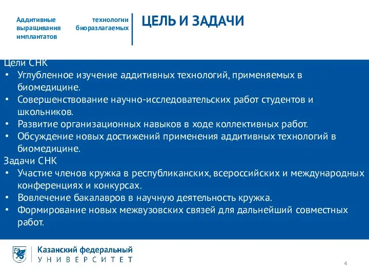 Аддитивные технологии выращивания биоразлагаемых имплантатов ЦЕЛЬ И ЗАДАЧИ Цели СНК Углубленное изучение