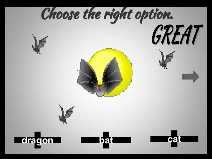 Choose the right option. cat bat dragon GREAT