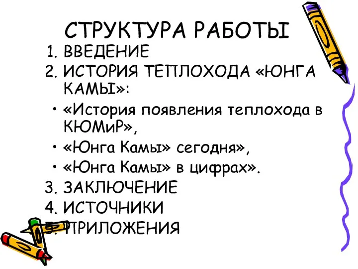 СТРУКТУРА РАБОТЫ ВВЕДЕНИЕ ИСТОРИЯ ТЕПЛОХОДА «ЮНГА КАМЫ»: «История появления теплохода в КЮМиР»,