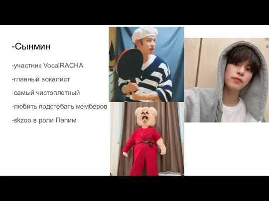 -Сынмин -участник VocalRACHA -главный вокалист -самый чистоплотный -любить подстебать мемберов -skzoo в роли Папим