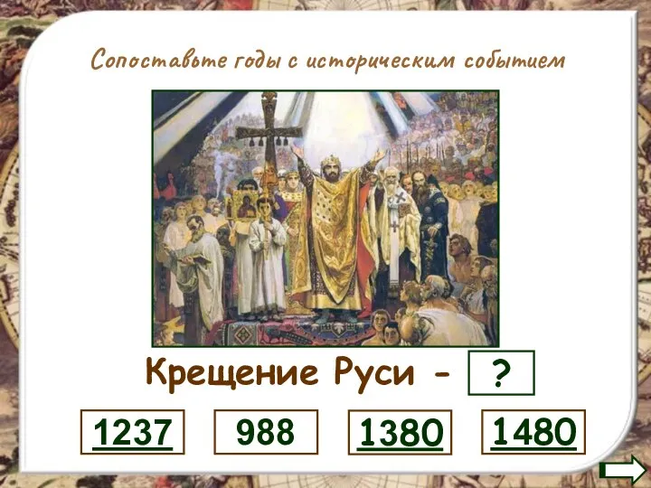 Сопоставьте годы с историческим событием Крещение Руси - ? 1480 1380 988 1237