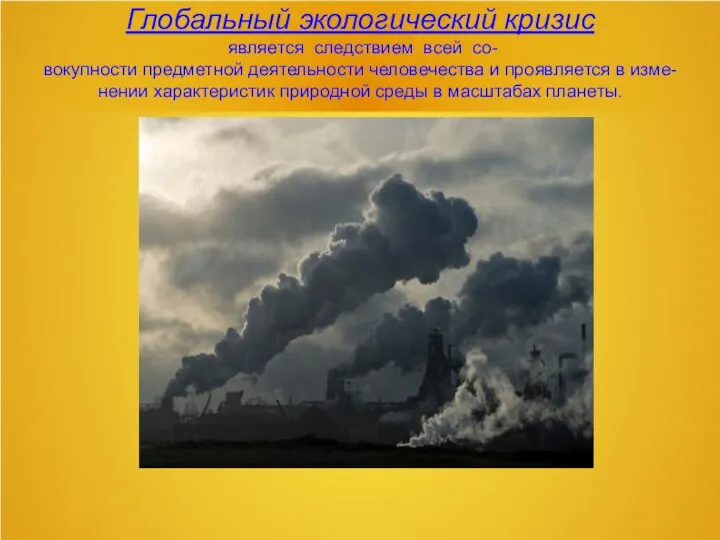 Глобальный экологический кризис является следствием всей со- вокупности предметной деятельности человечества и