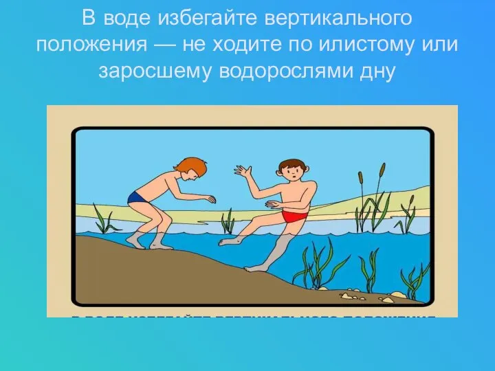 В воде избегайте вертикального положения — не ходите по илистому или заросшему водорослями дну